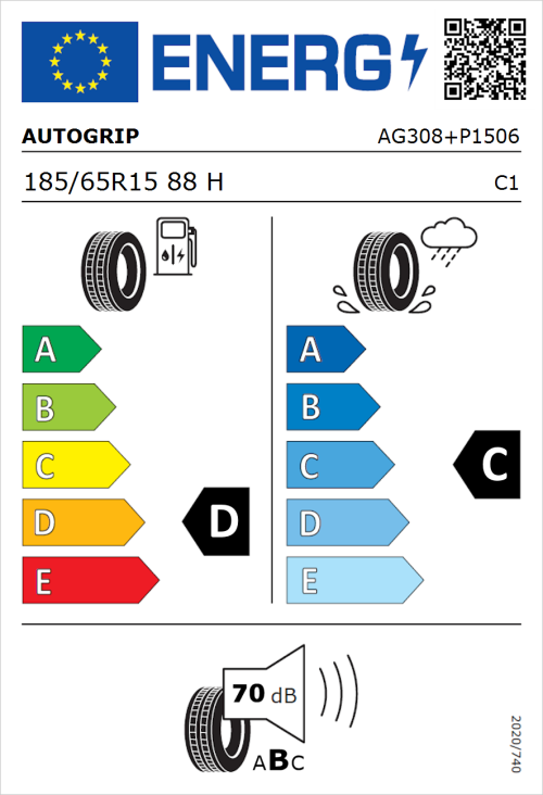 Tyre Label for Autogrip P308 Plus 185/65R15 88H